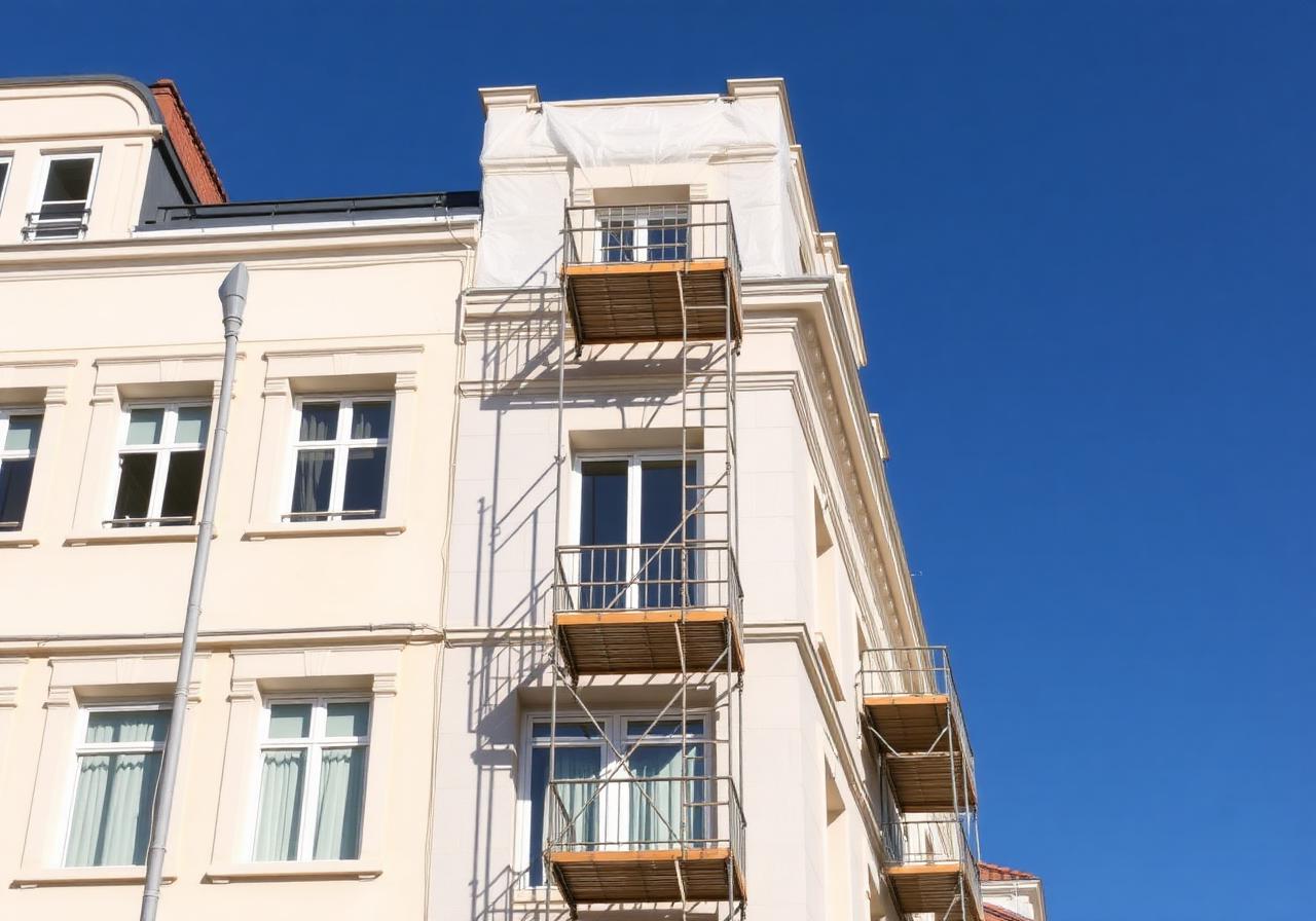 Façade d'immeuble en copropriété en cours de rénovation thermique